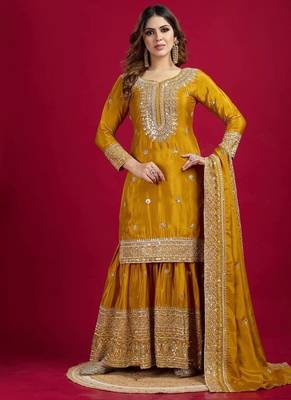 Chinnon silk embroidery sequence work top-plazo and dupatta set 2