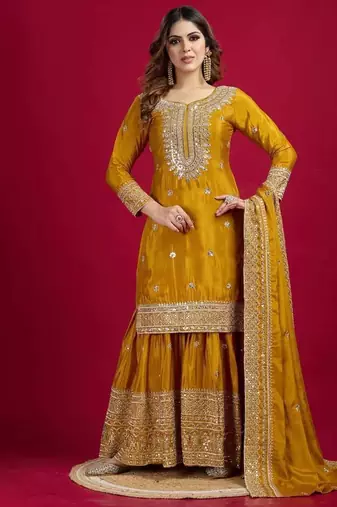 Chinnon silk embroidery sequence work top-plazo and dupatta set