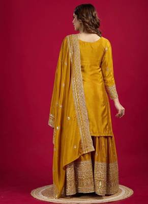 Chinnon silk embroidery sequence work top-plazo and dupatta set 3