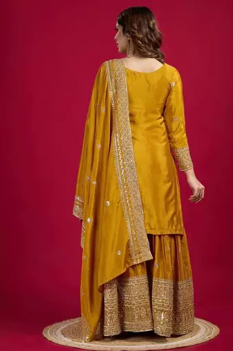 Chinnon silk embroidery sequence work top-plazo and dupatta set