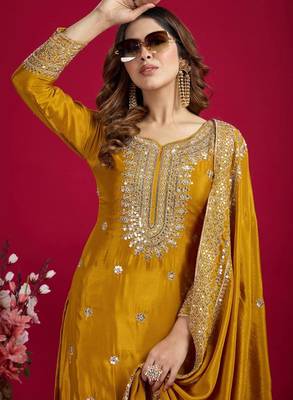 Chinnon silk embroidery sequence work top-plazo and dupatta set 4