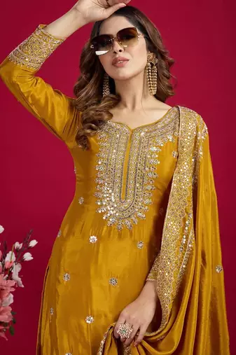 Chinnon silk embroidery sequence work top-plazo and dupatta set