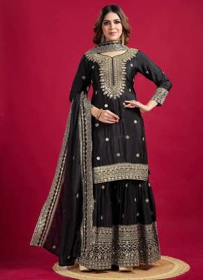 Chinnon silk embroidery sequence work top-plazo and dupatta set 1