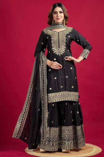 Chinnon silk embroidery sequence work top-plazo and dupatta set