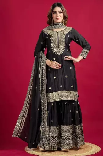 Chinnon silk embroidery sequence work top-plazo and dupatta set