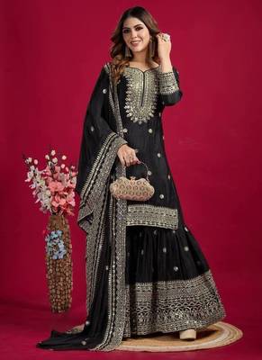 Chinnon silk embroidery sequence work top-plazo and dupatta set 2