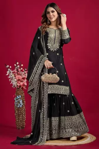 Chinnon silk embroidery sequence work top-plazo and dupatta set