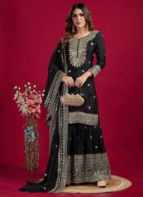 Chinnon silk embroidery sequence work top-plazo and dupatta set 3
