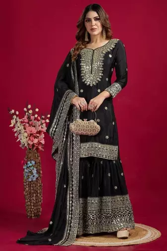 Chinnon silk embroidery sequence work top-plazo and dupatta set