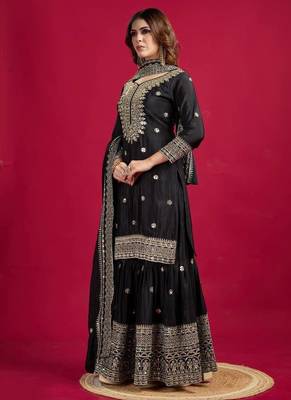 Chinnon silk embroidery sequence work top-plazo and dupatta set 4
