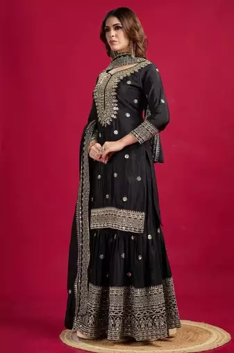 Chinnon silk embroidery sequence work top-plazo and dupatta set