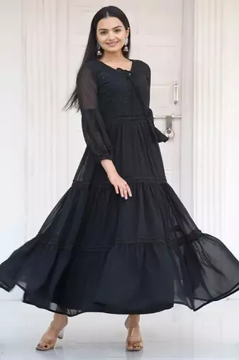 designer fox georgette gown with  embroidered work