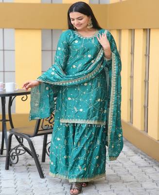 Designer chinon suit with sequence embroidered work 1