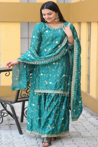 Designer chinon suit with sequence embroidered work