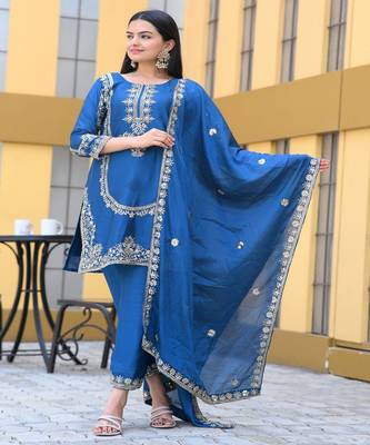Designer chinon suit with sequence embroidered work 1