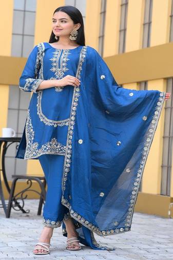Designer chinon suit with sequence embroidered work