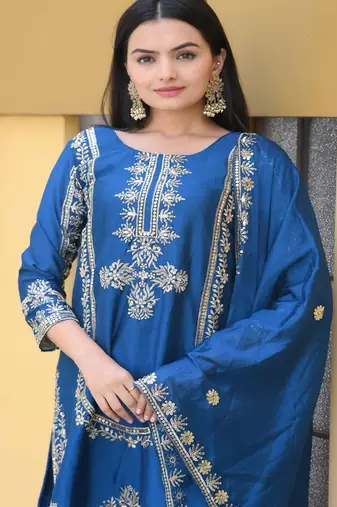 Designer chinon suit with sequence embroidered work
