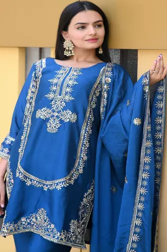 Designer chinon suit with sequence embroidered work