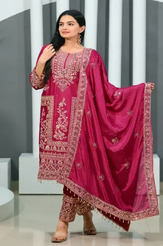Designer chinon suit with coding sequence embroidered work