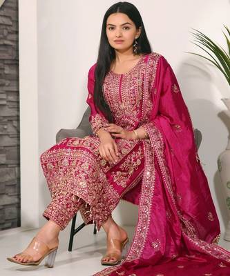 Designer chinon suit with coding sequence embroidered work 2