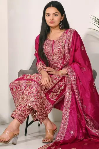 Designer chinon suit with coding sequence embroidered work