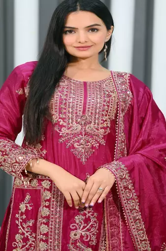 Designer chinon suit with coding sequence embroidered work
