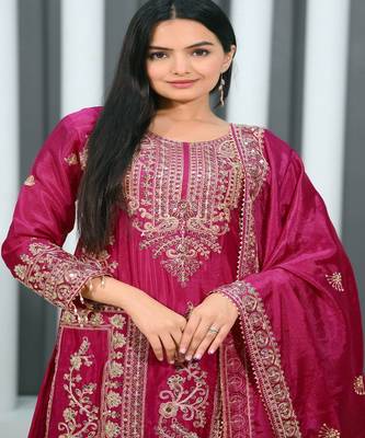 Designer chinon suit with coding sequence embroidered work 4