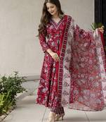 Women Gorgeous Rayon Fabric Printed Work Flared Kurta, Pant and Dupatta Set