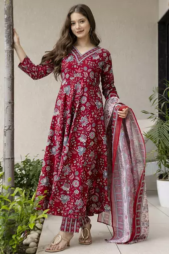 Women  Rayon Printed Work Flared Kurta Pant and Dupatta Set