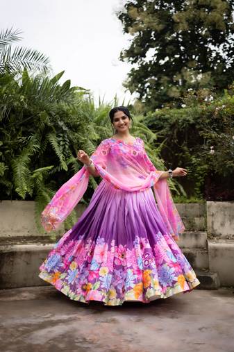 Purple Floral Printed Chinon Lehenga With Un-Stitched Blouse