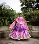 Purple Floral Printed Chinon Lehenga With Un-Stitched Blouse