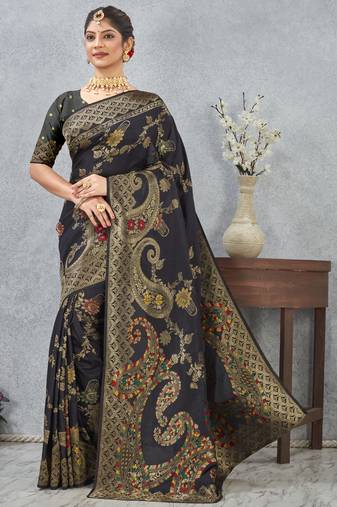 black sequin zari resham embroidered banarasi silk saree