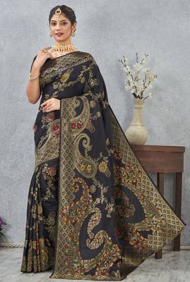 black sequin zari resham embroidered banarasi silk saree 2