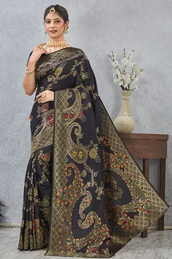 black sequin zari resham embroidered banarasi silk saree