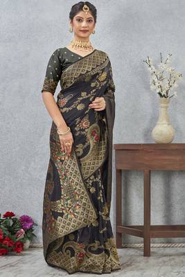 black sequin zari resham embroidered banarasi silk saree 3