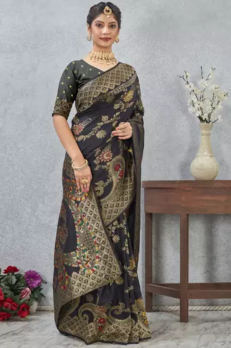black sequin zari resham embroidered banarasi silk saree