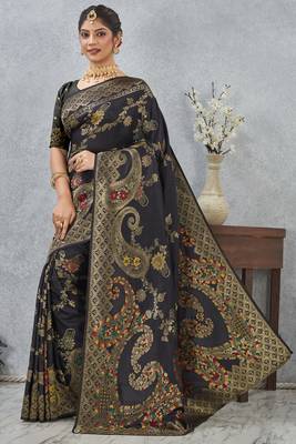 black sequin zari resham embroidered banarasi silk saree 4