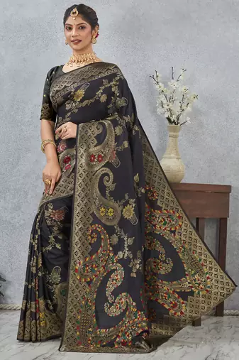 black sequin zari resham embroidered banarasi silk saree
