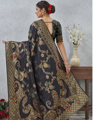 black sequin zari resham embroidered banarasi silk saree 5