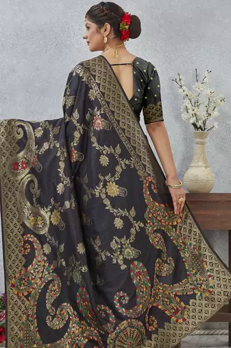 black sequin zari resham embroidered banarasi silk saree