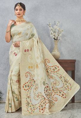 off white sequin zari resham embroidered banarasi silk saree 1