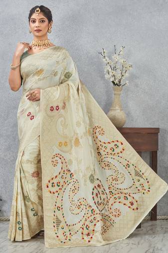 off white sequin zari resham embroidered banarasi silk saree