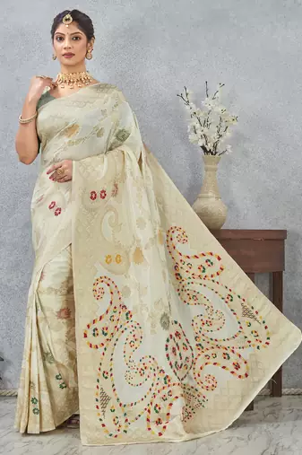 off white sequin zari resham embroidered banarasi silk saree