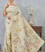 off white sequin zari resham embroidered banarasi silk saree