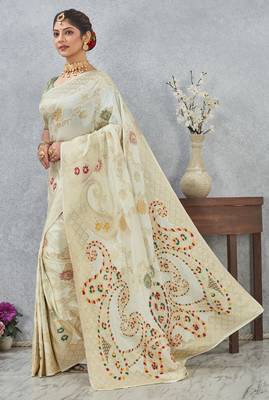 off white sequin zari resham embroidered banarasi silk saree 2