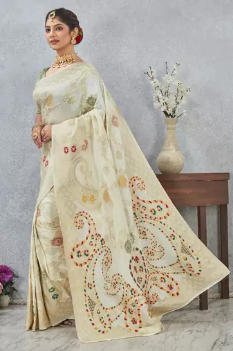 off white sequin zari resham embroidered banarasi silk saree