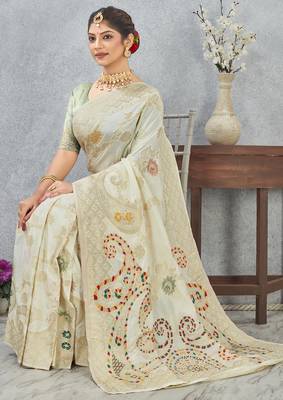 off white sequin zari resham embroidered banarasi silk saree 3
