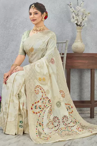 off white sequin zari resham embroidered banarasi silk saree