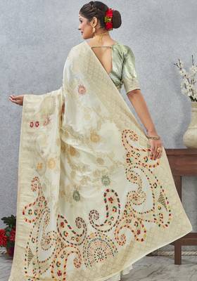 off white sequin zari resham embroidered banarasi silk saree 4