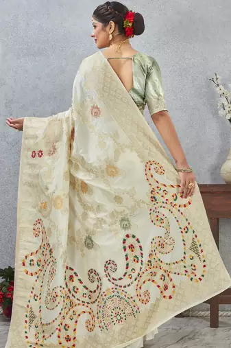off white sequin zari resham embroidered banarasi silk saree